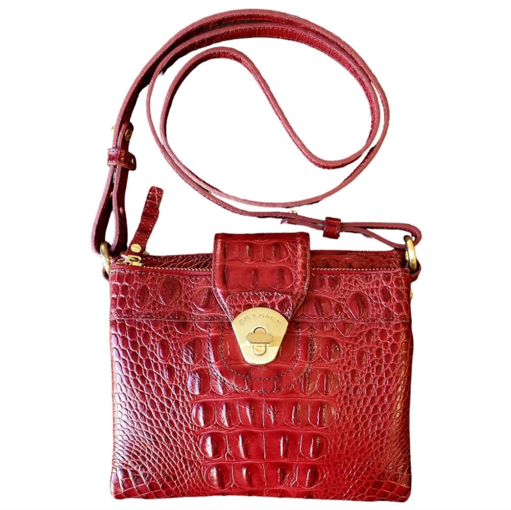 BRAHMIM Melbourne Mojito Croc Embossed Crossbody in Vintage Red